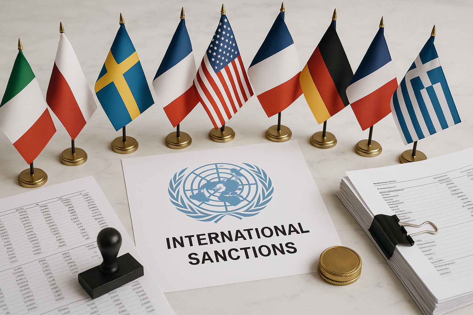 International sanctions documents EU USA flags legal defence
